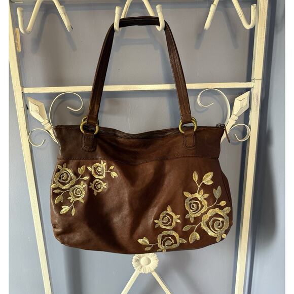 Anthropologie Handbags - Anthropologie Brown Leather Bag With Gold Rose Embroidered Fairy Princess